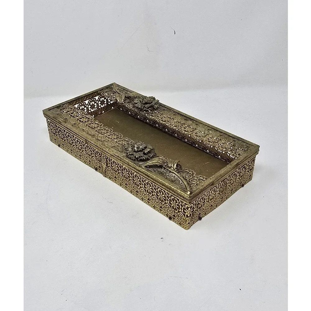 Vtg tissue box Holder 24 Kt gold plated filigree floral